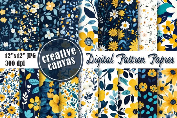 Download Yellow Blue Floral Digital Paper Bundle - Floral digital paper Collection