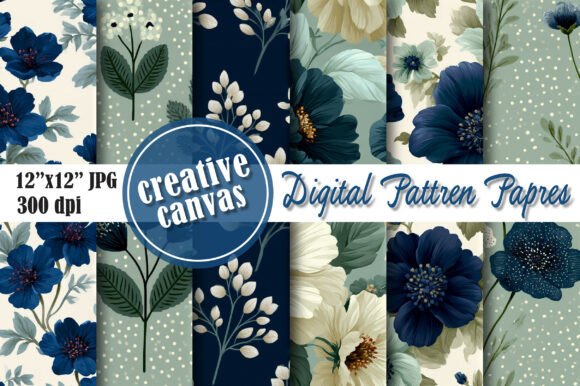 Download Navy Blue Floral Digital Paper Bundle - Floral digital paper Collection