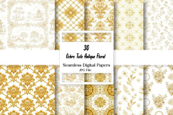 Download Ochre Toile Antique Floral Digital Paper - Floral digital paper Collection