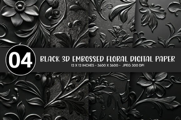 Download Black 3D Embossed Floral Digital Paper - Floral digital paper Collection